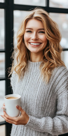 Beautiful Woman with Blonde Hair Enjoying a Relaxing Moment by the Window with a Big White Cup.の素材