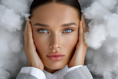Concerned girl covering her ears with cotton clouds representing sound blockage and fatigue issuesの素材