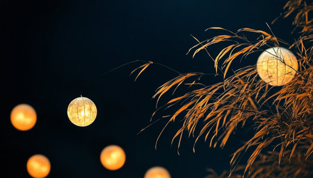 Magical Night Scene with Softly Glowing Lanterns Intertwined with Delicate Botanical Elementsの素材