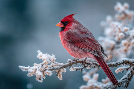 Stunning Red Cardinal Perched Gracefully on a Frosty Winter Branch, Symbolizing Hope in the Coldの素材