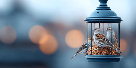 Serene Winter Scene with Colorful Birds Feeding at Blue Feeder Against a Blurry Cityscape Backgroundの素材