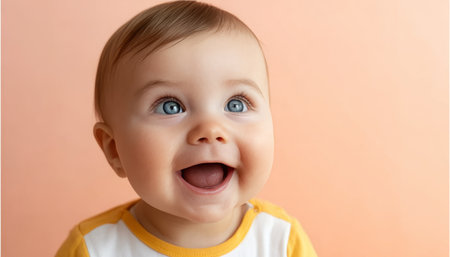 Adorable Infant with Big Blue Eyes Gazing Upward, Offering a Heartwarming Smile in Close-Up Portraitの素材