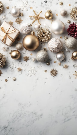 Enchanting Holidays Ambiance with Gold Ornaments, Gifts, and Glittering Snowflakes for Festive Sceneの素材