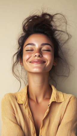 Young woman in casual beige shirt and undone hair radiating comfort in a peaceful minimalist style.の素材