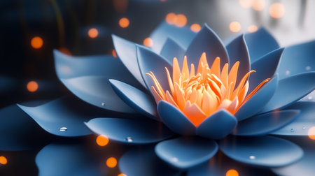 Close Up Shot of a Stylized Blue Lotus Water Lily with Orange Glow, Symbolizing Elegance and Beautyの素材