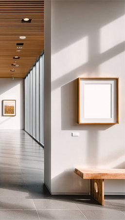 Gallery Interior View with Illuminated Walls, Empty Frame, and Comfortable Relaxing Bench Design.の素材