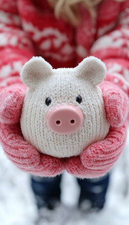 Charming Close-up of a Cute Pig Head Wearing Colorful Mittens in a Winter Wonderland Sceneの素材