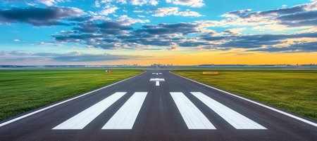 Aerial View of an Airport Airstrip Ready for Takeoff, Surrounded by Countryside Roads and Fieldsの素材