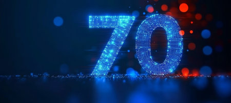 Futuristic Seventy Celebration with High-Tech Number Display and Illuminated Anniversary Backdropの素材