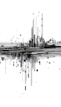 Futuristic Glitch Art Cityscape, Abstract Urban Destruction in Black and White Pixel Imageryの素材