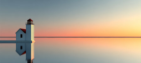 Beautiful Sunset at Grand Traverse Bay Lighthouse with Calm Water Reflection and Quiet Harborの素材