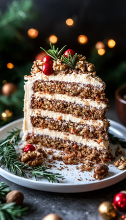 Delicious and Elegant Christmas Carrot Cake Layered Slice with Cream Cheese Frosting and Walnutsの素材
