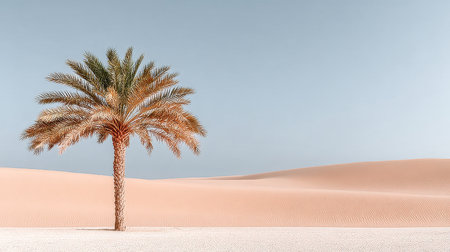 Breathtaking view of a tranquil desert landscape with a lone palm tree under a clear blue sky.の素材