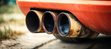 Close Up of a Car Exhaust System Featuring Three Distinct Exhaust Pipes, Detailing and Texture Focusの素材