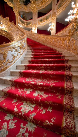 Opulent Grandeur of a Majestic Theater Interior with Luxurious Red Carpet and Elaborate Gold Trimの素材