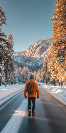 Backpacker Journeying Through Serene Winter Landscape, Majestic Mountains, and Snowy Forest Pathwayの素材