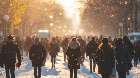 Winter s Embrace Crowds Stroll Through a Snow-Covered City Street Under Bright Sunlightの素材