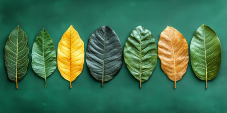 Colorful Autumn Leaves Composition with Seven Natural Ovate Foliage on a Bright Yellow Backgroundの素材