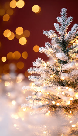 Charming Snowy Christmas Tree with Blurry Golden Lights in a Rustic Setting for Holiday Celebrationsの素材