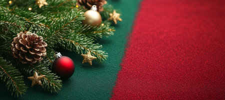 Beautiful Christmas and New Year Holiday Decoration Banner with Fir Tree Branch and Ornamentsの素材