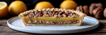 Delicious Slice of Bourbon Sweet Pecan Cake Presented on a Vintage Plate with Rustic Backgroundの素材