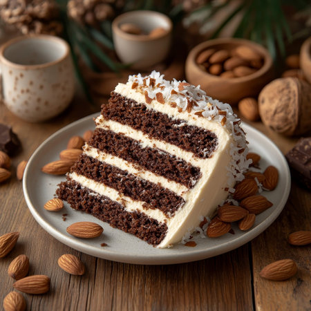 Decadent Almond Joy Cake Slice with Rich Chocolate, Creamy Frosting, and Shredded Coconut Toppingの素材