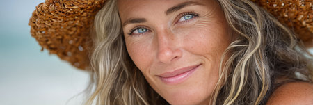 Elegant Senior Woman Relaxing at The Seaside with a Charming Smile and a Stylish Woven Hat.の素材