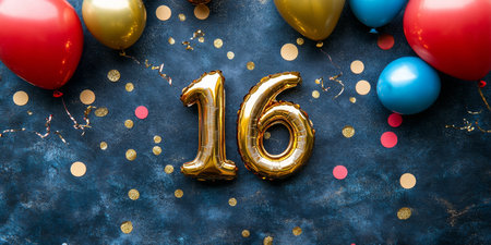 Elegant Sweet Sixteen Celebration An Exquisite Display of Balloons and Confetti for Birthday Partyの素材