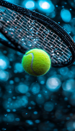 Dynamic Action Shot of Tennis Racket Striking Ball with Blurred Blue Background in Motionの素材