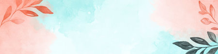 Beautiful Light Blue and Coral Watercolor Art with Floral Decoration for Spring Background Designの素材