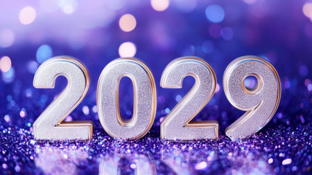 Silver Metallic Numbers Spelling 2029 in Lilac Setting With Light Bubbles for New Year Celebrationの素材