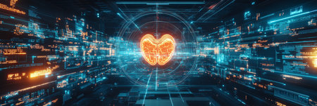 Futuristic Digital Landscape with Advanced Technology, Data Visualization, and Cybernetic Elementsの素材