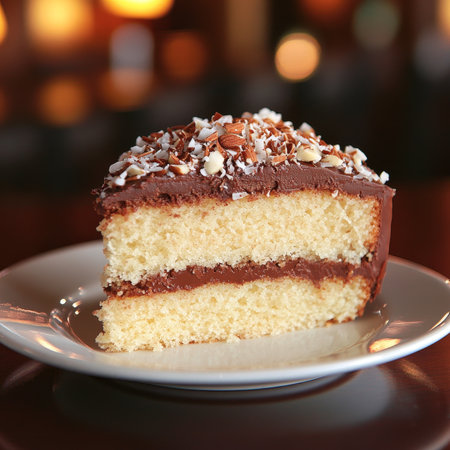 Decadent Almond Joy Cake Slice with Chocolate Icing and Toasted Coconut Flakes on Neutral Backgroundの素材