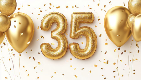 Golden Sparkle Celebration for 35th Anniversary with Colorful Balloons and Shimmering Confettiの素材