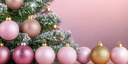 Gorgeous Christmas Tree with Pink and Gold Ornaments in a Snowy Winter Wonderland Settingの素材