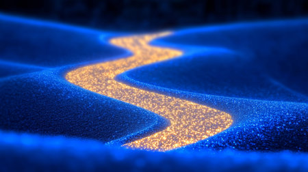 Enchanting Golden Pathway Leading Through a Dreamlike Azure Landscape with Glistening Texturesの素材