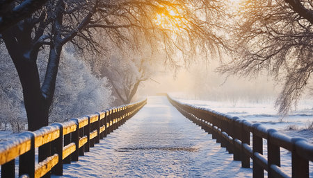 Snowy Winter Pathway Scene with Warm Morning Sunlight Illuminating a Peaceful Forest Landscapeの素材