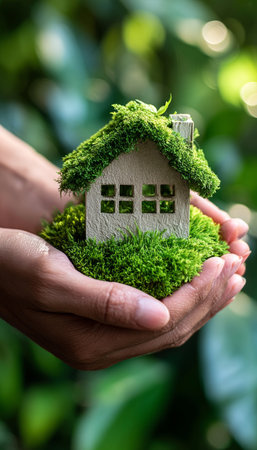 An Iconic House Embraced by Hands Symbolizes Eco-Friendly Living and Sustainable Energy Solutionsの素材