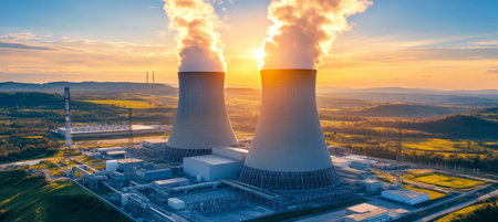 Dramatic Sunset Over Power Plant with Cooling Towers Surrounded by Nature and Scenic Landscapeの素材