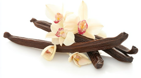 Vanilla Bean Perfume Ingredient with Fragrant Orchid Flower Accent Isolated on Pure White Backgroundの素材