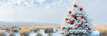 Snow-covered Christmas tree with red ornaments in a peaceful winter holiday landscape.の素材
