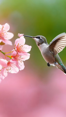 Elegant hummingbird gracefully sips sweet nectar from a delicate pink flower in vibrant natureの素材