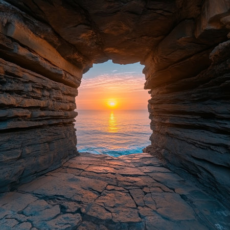 Breathtaking Sunset Illuminating Coastal Cave Arch with Serene Waters and Breathtaking Colorsの素材