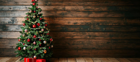 Beautifully Decorated Christmas Tree with Red and Gold Ornaments on Rustic Wooden Backgroundの素材