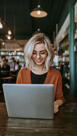Young blonde woman using a laptop to browse websites in a bright indoor workspace with enthusiasmの素材