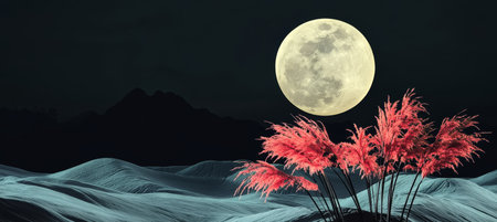 Stunning Moonlit Landscape Featuring Vibrant Red Flowers in a Dreamy Tropical Field at Nightの素材