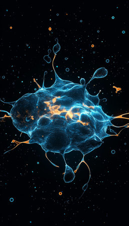 Abstract Energy Explosion in Blue and Orange, Particles Flowing in Space, Scientific Representationの素材