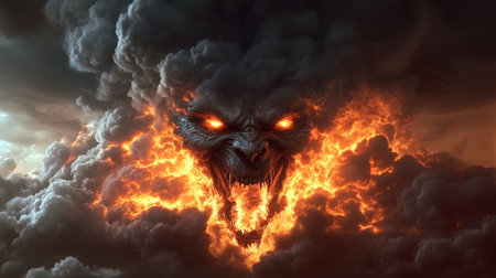 The Furious Tempest A Dramatic Storm Unleashes Chaos, Conjuring Fear with an Ominous Demon Faceの素材