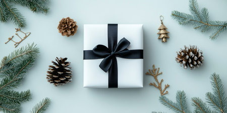 Elegant Christmas Gift Box with Black Ribbon Bow and Pine Tree Branches, Minimalist Holiday Decorの素材