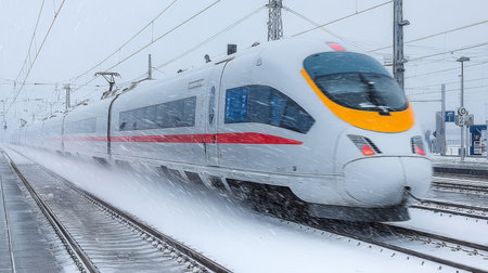 A high-speed train races through a snowy landscape, showcasing engineering excellence in motion.の素材
